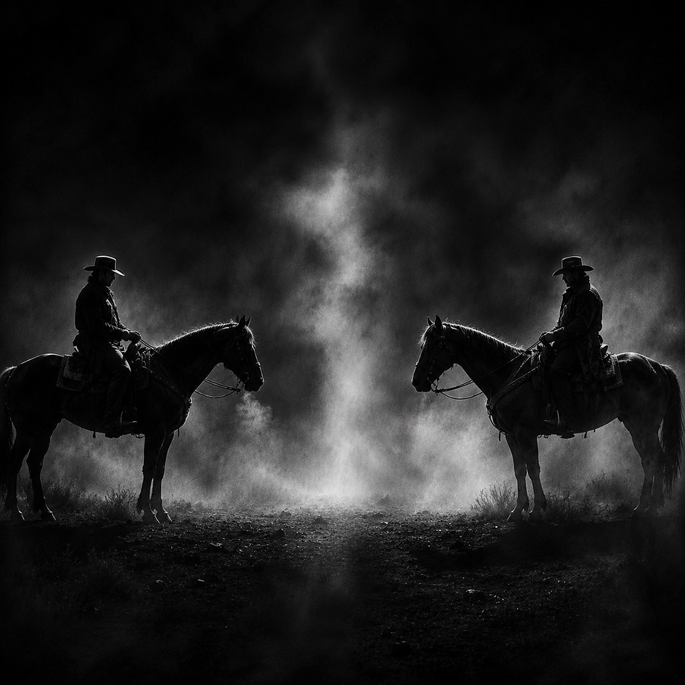 Two cowboys facing off in a duel